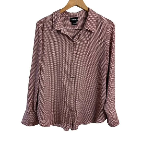 Liz Claiborne Career Blouse Size Large Red Pink Houndstooth Long Sleeves Top - Picture 1 of 5